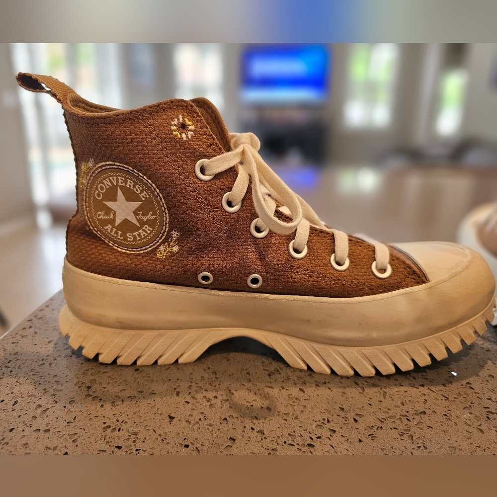 Converse Lugged Light Brown High-Top Sneakers with Flower Accents